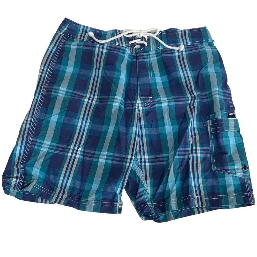 J. CREW Board Shorts Size 33 Mens Swimwear Blue Plaid Swim Trunks